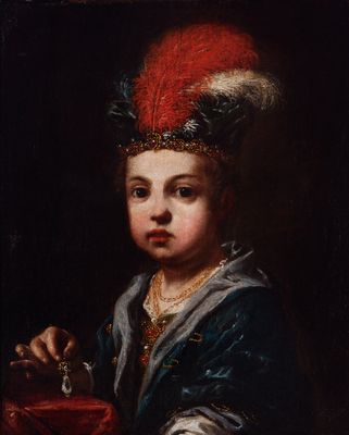 Portrait of a boy with a feathered hat