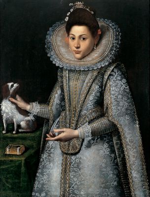 Portrait d'une jeune fille avec chien et missel