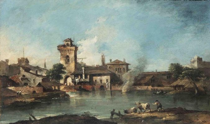 Capriccio with rustic tower and sailing ships