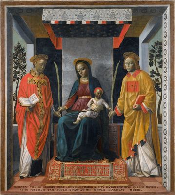 Retable des marchands : Vierge à l'enfant entre les saints Faustino et Giovita