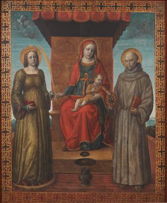 Bannière d'Orzinuovi : Vierge à l'Enfant entre sainte Catherine d'Alexandrie et saint Bernardin de Sienne