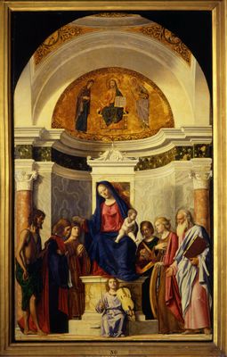 Thronende Madonna mit Kind und die Heiligen Johannes der Täufer, Cosma, Damiano, Apollonia, Katharina und Johannes der Evangelist