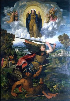 Der heilige Erzengel Michael bekämpft den Teufel und die Jungfrau Maria Himmelfahrt unter den Engeln