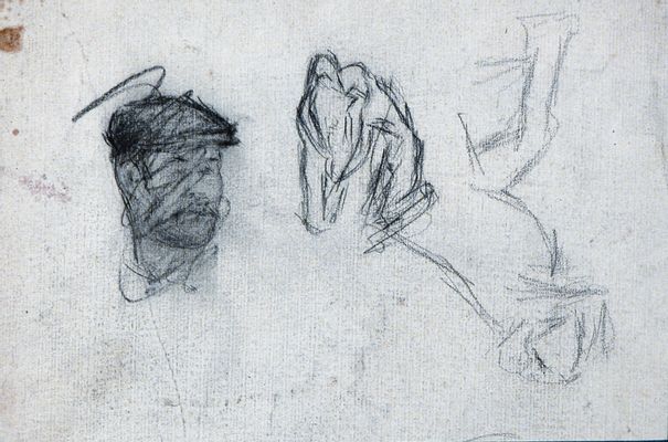 Head of a man with a cap, and other figures (note)