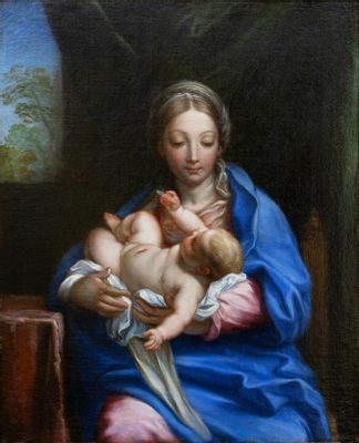 Madonna mit dem Jesuskind im Arm, das eine Frucht anbietet