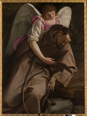 Der heilige Franziskus wird von einem Engel unterstützt