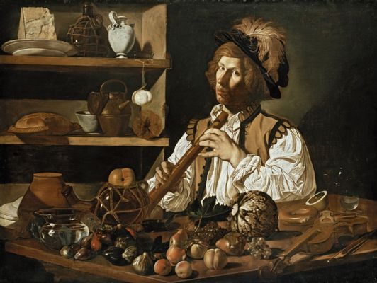 Intérieur avec nature morte et jeune homme à la flûte