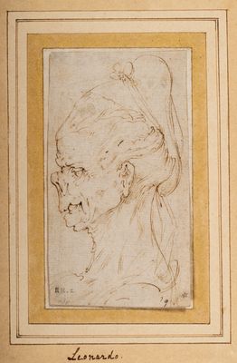 Grotesque head of a woman in profile to the left