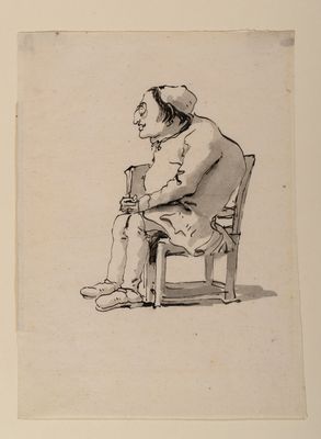 Karikatur eines buckligen Mannes mit Brille, sitzend und im Profil, der ein Buch hält