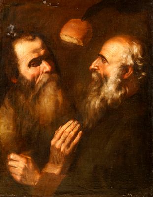 Der heilige Antonius der Abt und der heilige Paulus der Einsiedler, der von einer Krähe gefüttert wird