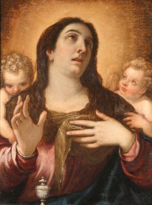 María Magdalena en éxtasis con dos ángeles