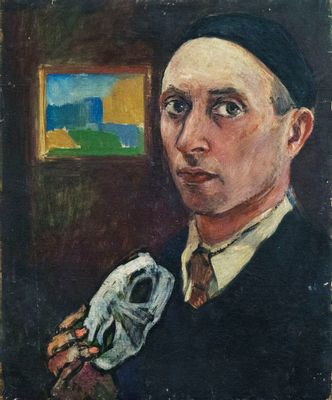 Self-portrait with mask and landscape painting