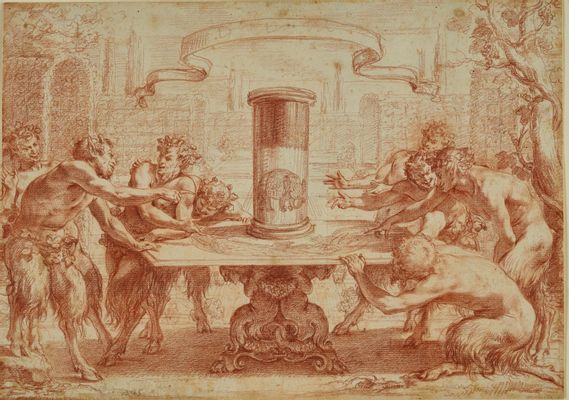 Eight satyrs admire the anamorphosis of an elephant