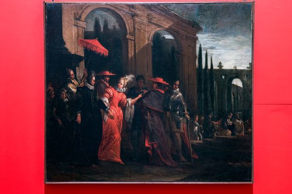 Elisabetta Farnese e la madre Dorotea Sofia incontrano i cardinali Gozzadini e Acquaviva accompagnate da alcuni gentiluomini
