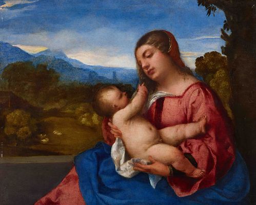 Madonna mit Kind in einer Landschaft