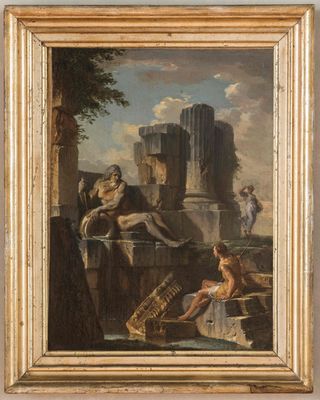 Landscape with figures and statue depicting the Tiber