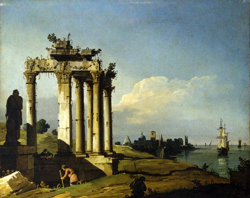 Capriccio mit römischen Tempelruinen an der Lagune