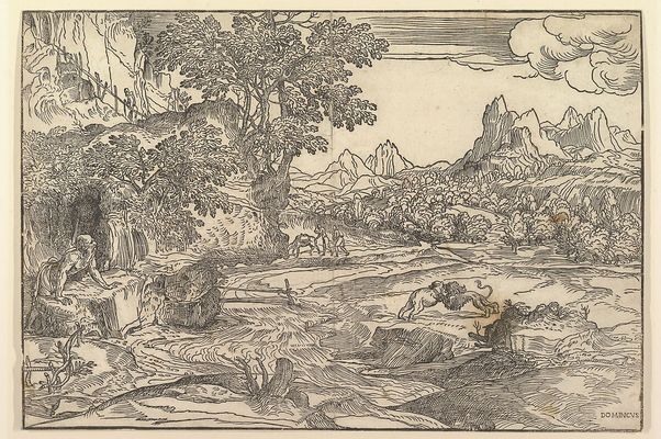 Landschaft mit dem Heiligen Hieronymus und zwei Löwen