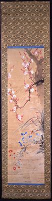 Kakemono con árbol en flor (Prunus) y plantas con flores