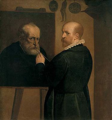 Self-portrait of the painter in the act of painting the portrait of his father