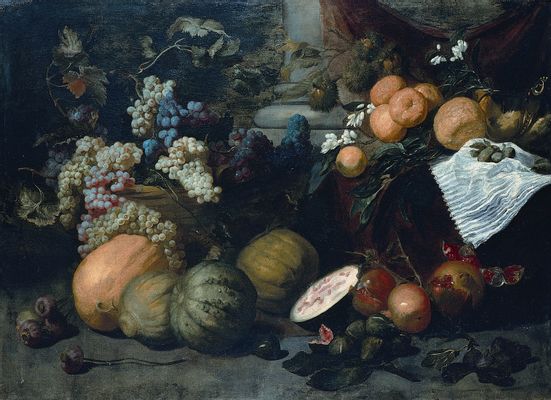 Bodegón de frutas, verduras y flores.
