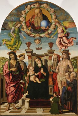 Madonna col Bambino in trono e i santi Giovanni Battista, Francesco d'Assisi, Girolamo, Sebastiano e la famiglia Buffi (pala Buffi)