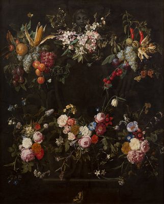 Flachrelief mit einer Girlande aus Blumen und Früchten