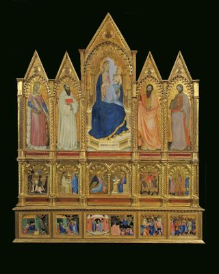 Madonna col Bambino e i santi Francesco, Bartolomeo, Barnaba e Caterina Storie delle vite dei santi Episodi della vita e della Passione di Cristo