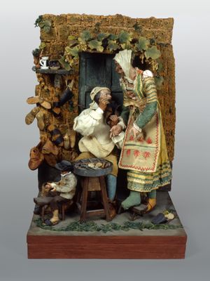 Scène de la Nativité représentant : la boutique du cordonnier
