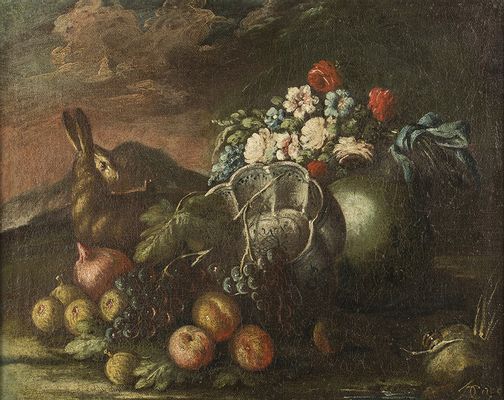 Bodegón con flores, frutas y caza