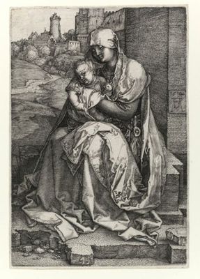 Vierge à l'enfant assis près d'un mur
