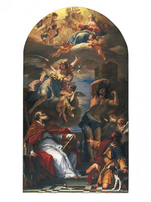 Die Jungfrau, der Erzengel Gabriel und die Heiligen Eusebio, Rocco und Sebastiano