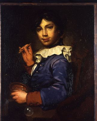 retrato, de, niño pequeño, con, pompas de jabón