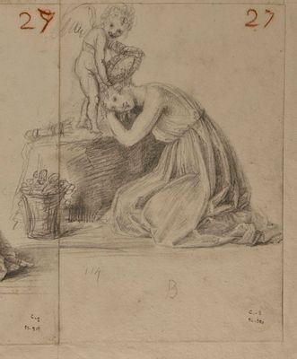 Figure féminine drapée, accroupie et la tête inclinée sur une éminence rocheuse, et Cupidon en train de la couronner d'une guirlande de fleurs