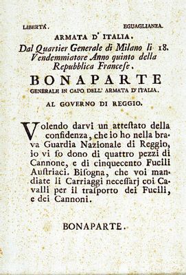 Communication d'une donation de canons par Napoléon Bonaparte au Gouvernement de Reggio