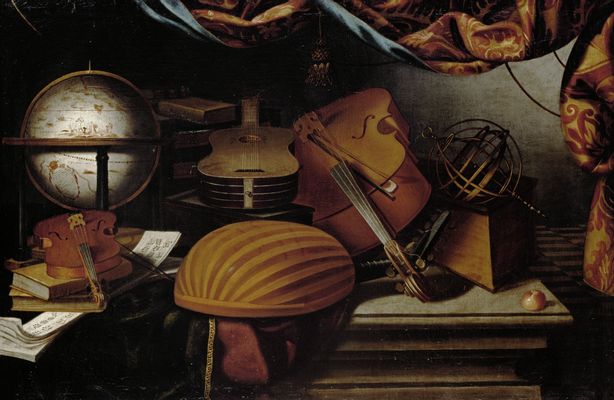 Nature morte aux instruments de musique, globe et sphère armillaire