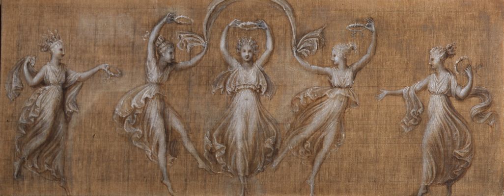 Five dancers holding crowns