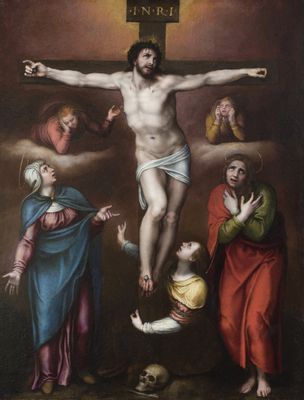 Cristo vivo en la cruz con la Virgen, San Juan Evangelista y Santa María Magdalena