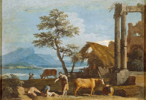 Landschaft mit klassischen Ruinen und grasenden Kühen