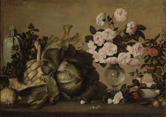 Still life with zucchini, grapes, parsley, cabbage, vase of peonies and fruit
