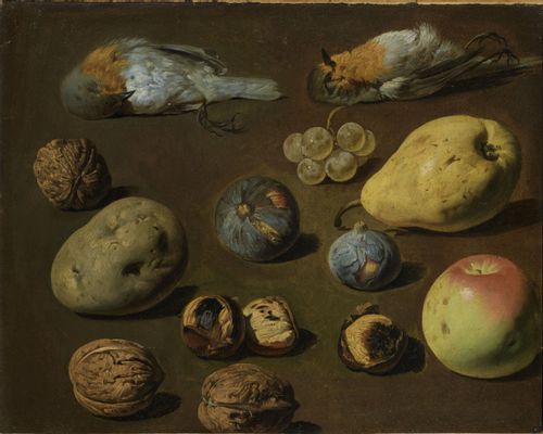 Still life with grape, noci, chestnut, fruit and pettirossi