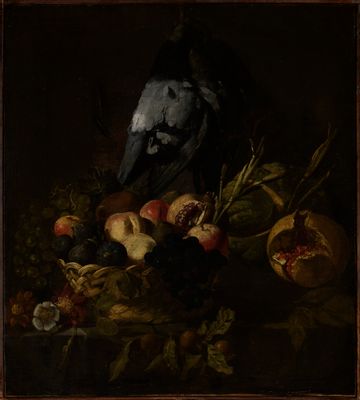 Still life with pigeon, fruit basket and pomegranate