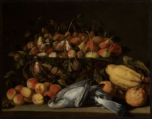 Still life with basket of pear and apples, citrus fruits and two doves