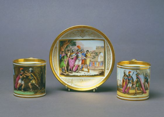 Serie von sechs Tassen mit Untertassen, verziert mit römischen Motiven