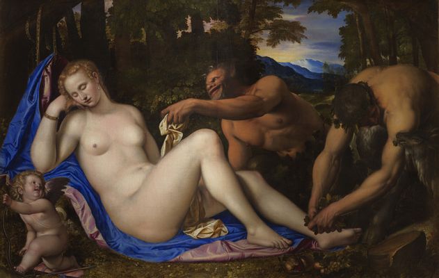 Venus und Amor mit zwei Satyrn in der Landschaft
