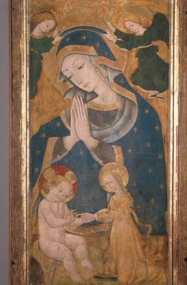 Madone couronnée par deux anges et mariage mystique de sainte Catherine