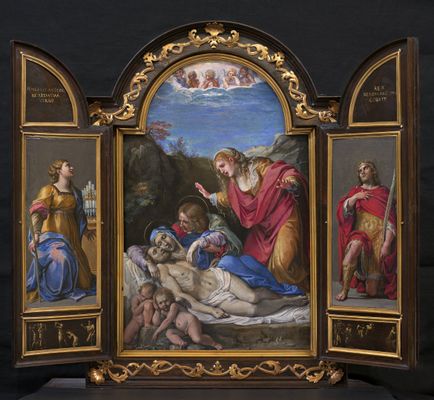 Portable tabernacle with the Pietà, scenes of saints and martyrs