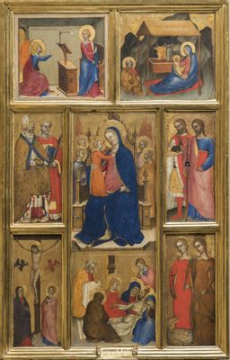 Polyptychon mit Madonna und Kind mit Heiligen