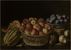 Still life with a basket of apples and a plate of plums, melons and pears